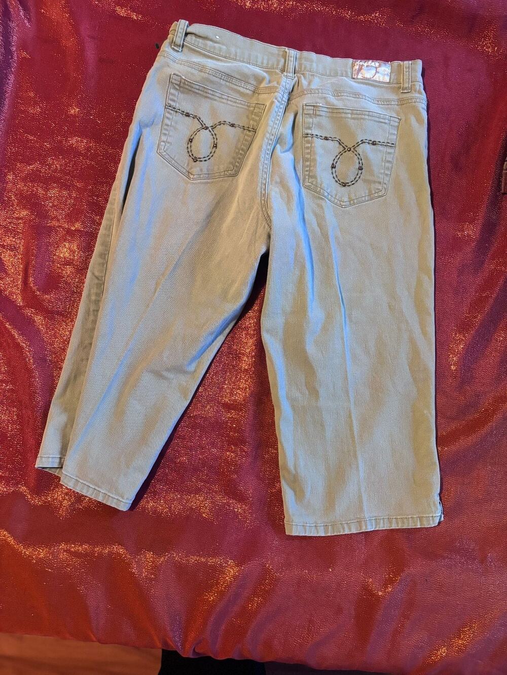Womens 10 Green Capris Cropped Back Pocket Embroidery Pants Button Zipper Olive